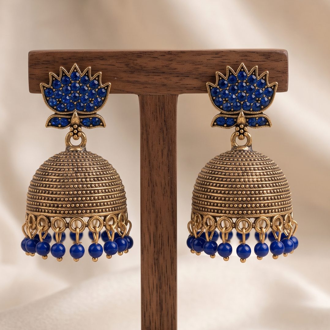 Blue Gem Lotus Jhumka